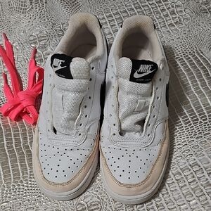Nike Kids White and Tan Sneakers with Pink Laces